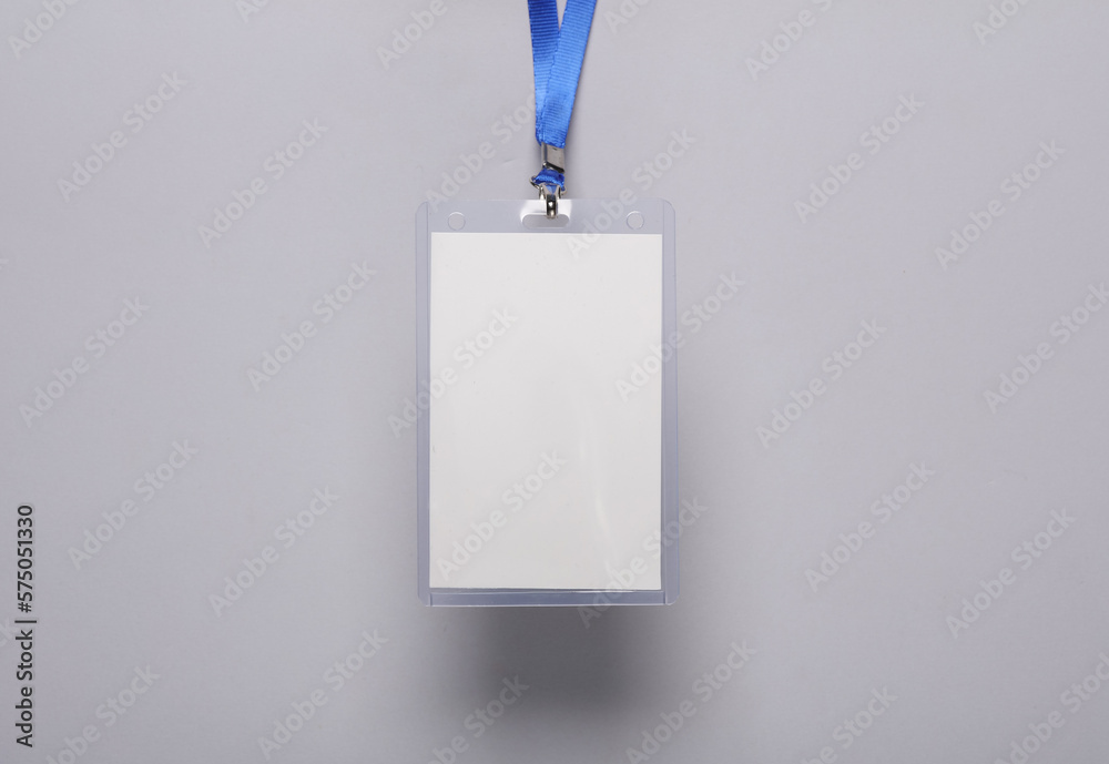 Wall mural empty white id card badge mockup with blue belt on gray background. staff identity name tag. space f - Wall murals