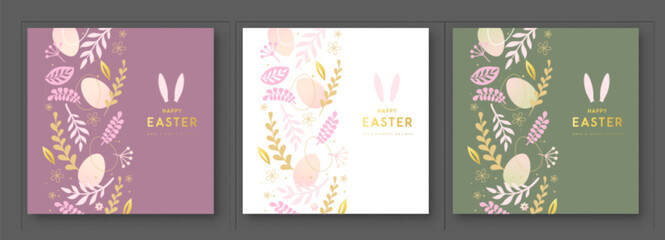 Set of Happy Easter greeting cards with Easter eggs and floral decorative elements. Flat style. Set of Modern Easter covers. Vector illustration