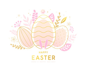 Happy Easter eggs with floral decorative elements and rabbit ears. Flat style. Modern Easter background. Greeting card or poster. Vector illustration