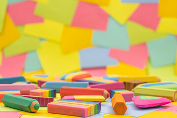 various shapes and colors of erasers arranged on a table with multicolored paper sticky notes on background