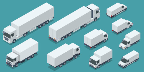 Isometric Cargo Truck transportation, delivery, boxes. Fast delivery or logistic transport. Easy colour change. City commercial delivery truck template. White vehicle mockup. - obrazy, fototapety, plakaty