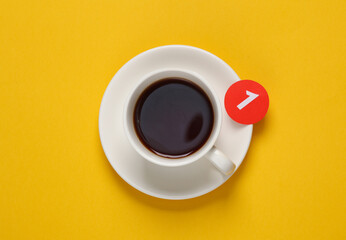Cup of tea with Notification circle with 1 number on yellow background. Social media chat, message, sms, subscribe notice alert and reminder. Top view