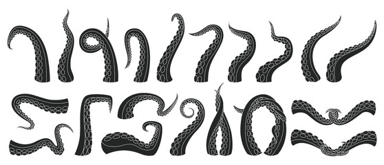Tentacle of octopus vector black icon set . Collection vector illustration octopus on white background. Isolated black illustration icon set of tentacle for web design.