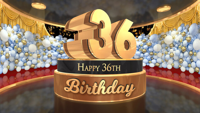 36th Birthday backdrop, poster, flyer 3d render illustration in gold with balloons and fireworks background
