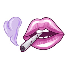 Lips with the image of Marijnauna. Lips let out smoke vector. cannabis weed - obrazy, fototapety, plakaty