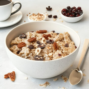 a bowl of oatmeal with berries and nuts. generative ai