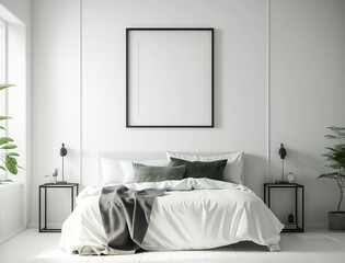 Minimalist Bedroom Interior Design with Small Blank Poster Created with Generative AI