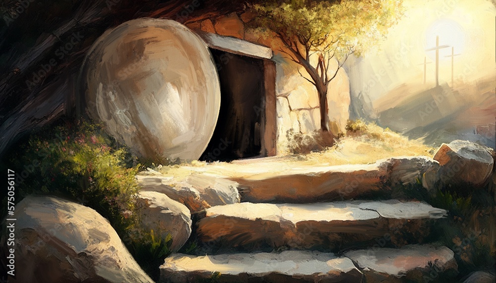 Wall mural easter jesus christ rose from the dead. sunday morning. dawn. the empty tomb in the background of th