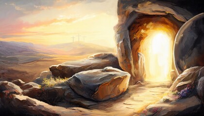 Fototapeta Easter Jesus Christ rose from the dead. Sunday morning. Dawn. The empty tomb in the background of the crucifixion. Happy easter. Christian symbol of faith, art illustration painted oil style obraz