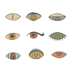 eye outline icons. abstract eyes. Open and closed eyes images, sleeping eye shapes with eyelash. Clip Art. Vector illustration.