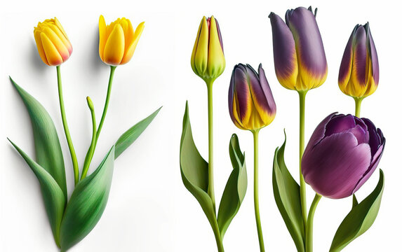A collection of tulips in various stages of bloom and colors, arranged in a row on a white background, showcasing their natural beauty.Women's Day, Mother's Day flower bouquet postcard. AI generated.