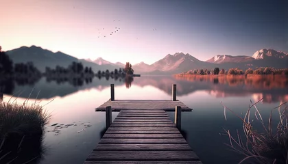  Old wooden pier by the lake, morning at the lake. Generative AI. © GustavsMD