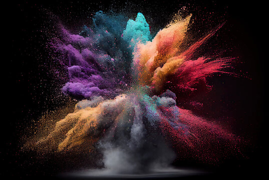 Colored powder explosion on black background created with AI