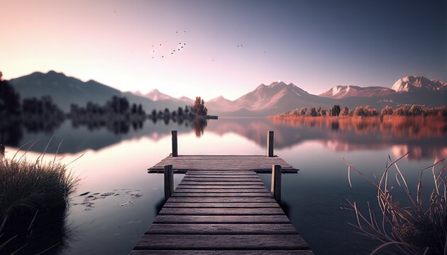 Fototapeta Old wooden pier by the lake, morning at the lake. Generative AI.