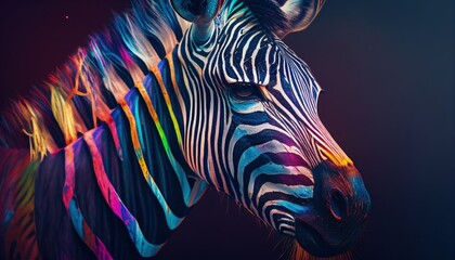 Zebra portrait face with bright colors, generative AI