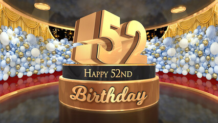 52nd Birthday backdrop, poster, flyer 3d render illustration in gold with balloons and fireworks background