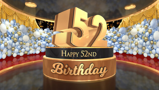 52nd Birthday backdrop, poster, flyer 3d render illustration in gold with balloons and fireworks background