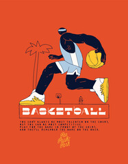 Basketball game on the court near the palm-tree typography silkscreen t-shirt print vector illustration.