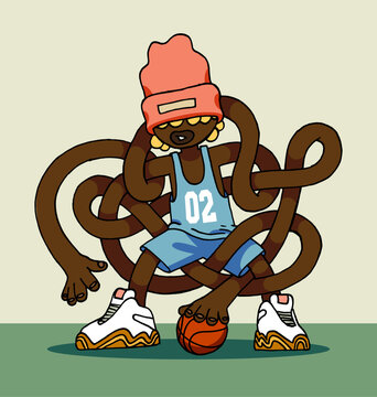 Basketball player with long noodle-hands practicing with ball. basketball cartoon character isolated.