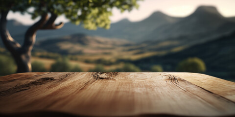 table de présentation produit au premier plan avec paysage de montagne à l'arrière plan, bokeh, mock-up