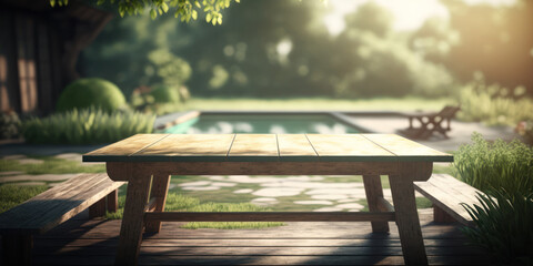 table en bois au premier plan, pour présentation produit,
mock-up, arrière plan piscine effet bokeh
