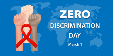 Join the fight against discrimination with banner featuring a red ribbon, clenched fists of people of different races, and a world map on a blue background. Celebrate Zero Discrimination Day. Vector. - Powered by Adobe