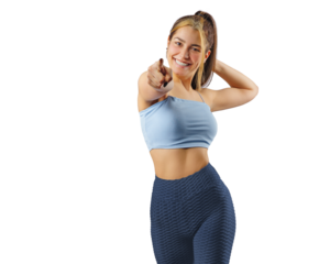 Portrait of happy fitness young woman smiling while exercising. isolated on free PNG background.