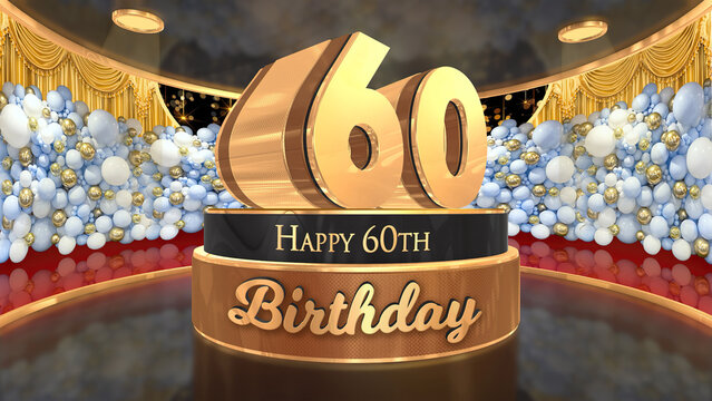 60th Birthday backdrop, poster, flyer 3d render illustration in gold with balloons and fireworks background