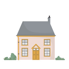 Flat vector illustration of European house, cottage with chimney and bushes,
windows, doors. The exterior of the building on an isolated white background in a minimalist style.