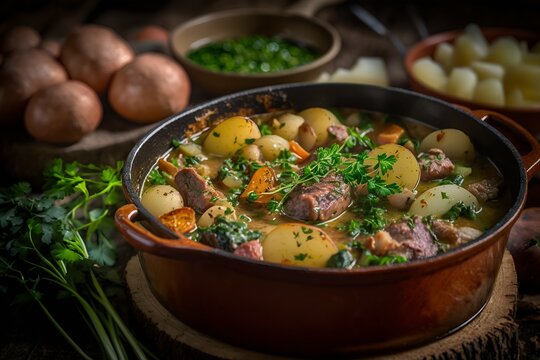 Irish Coddle with bacon sausage onions potatoes and parsley