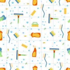 A seamless pattern with brushes and bottle spray for cleaning. White background.
