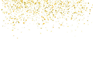 Falling shiny golden confetti isolated on transparent background. Bright festive tinsel of gold...
