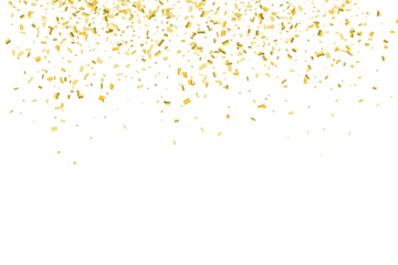 Falling shiny golden confetti isolated on transparent background. Bright festive tinsel of gold color. PNG