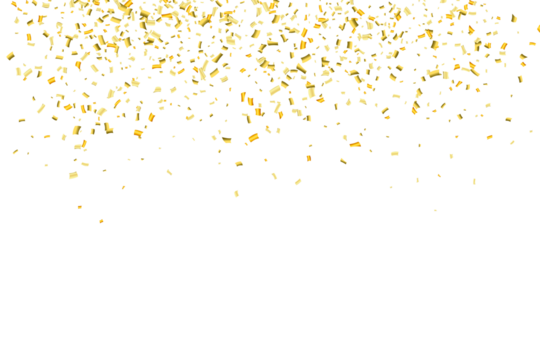 Falling shiny golden confetti isolated on transparent background. Bright festive tinsel of gold color. PNG
