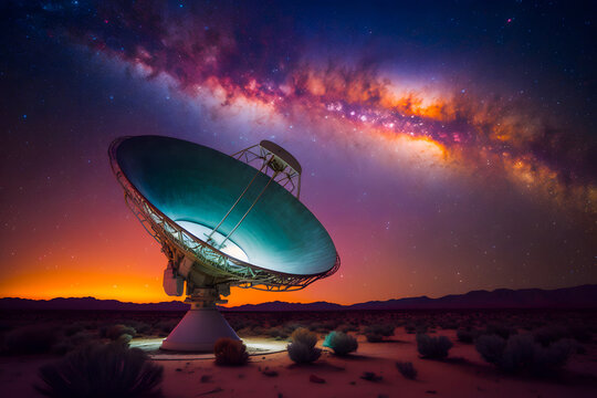 Radio telescopes and the Milky Way at night. Generative AI