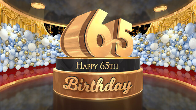 65th Birthday backdrop, poster, flyer 3d render illustration in gold with balloons and fireworks background