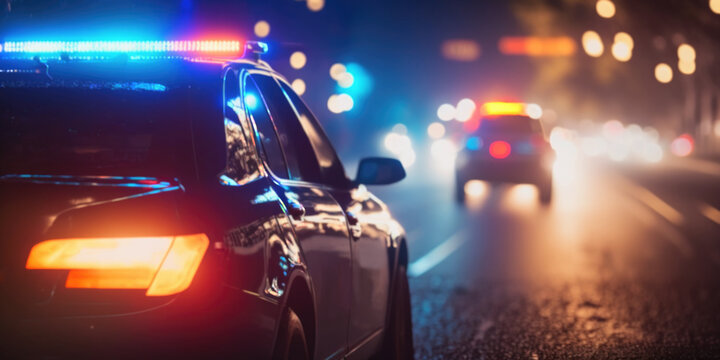 Night-Time Police Patrol Car with Emergency Flashing Red and Blue Lights. Night Crime Scene Investigation on the Road or Highway. Police Cars Stop Traffic to Close the Road or Lane