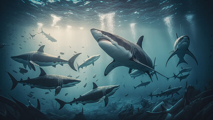 Obraz na płótnie Canvas group of sharks swimming in the ocean