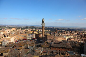 Top view of Siena in ITALY with the Tower called DEL MANGIA and the Palio square