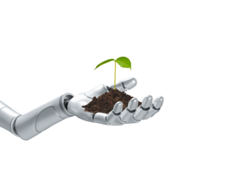Robot hand holding sprout isolated on transparent background, concept of applying artificial intelligence technology in cultivation and nature conservation, 3d render