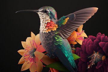 colored hummingbirds on wings on flowers
