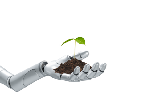Robot hand holding sprout isolated on transparent background, concept of applying artificial intelligence technology in cultivation and nature conservation, 3d render