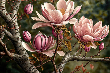 Gorgeous magnolia flowers in the garden. AI