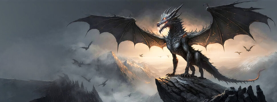 Beautiful big dark dragon, full body shot of mythical fantasy creature wings spread open, with mountains in the background. A world of Dragons,  fantasy image created with generative. 