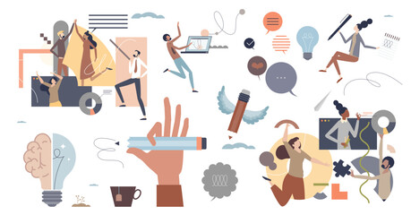 Creativity and innovative artistic work skills tiny person collection set, transparent background. Elements with drawing and writing inspiring texts and marketing tasks illustration.