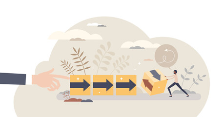 Disrupting and opposite reaction with strategy change tiny person concept, transparent background.Business competitors effort to ruin success and influence outcome illustration.