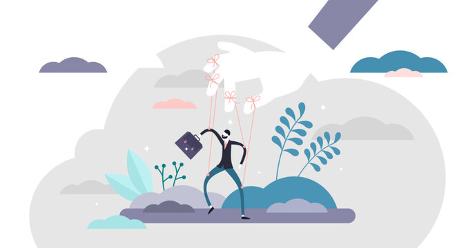 Controlling and toxic work environment concept, flat tiny person illustration, transparent background. Puppet doll businessman metaphor. Lack of personal freedom.