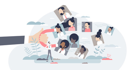 Growing customer base with successful marketing magnet tiny person concept, transparent background. Increase business audience or clients with advertisements and excellent campaign illustration.