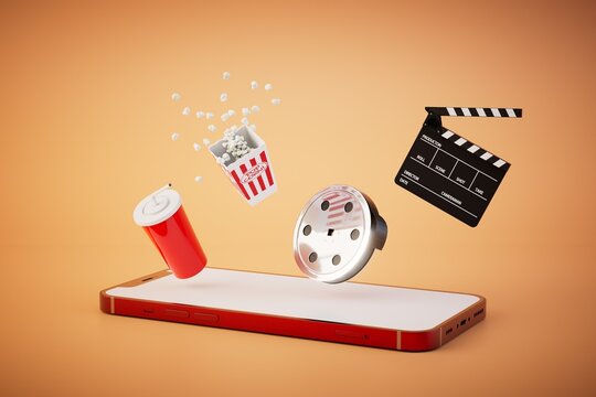 the concept of an online cinema. a smartphone on which is videotape, popcorn, soda and cracker. 3D render