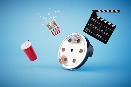 watching a movie. videotape, cracker, popcorn and soda on a blue background. 3D render